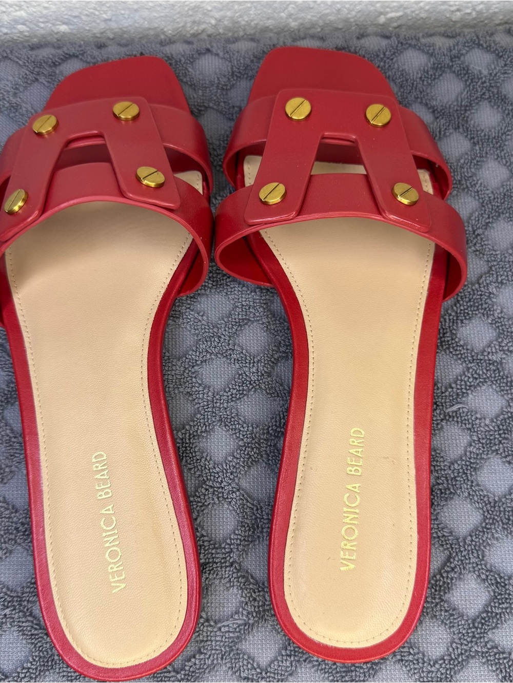 Veronica Beard Via Red Leather Slide Sandals Gold Studs 7 M - Picture 2 of 7